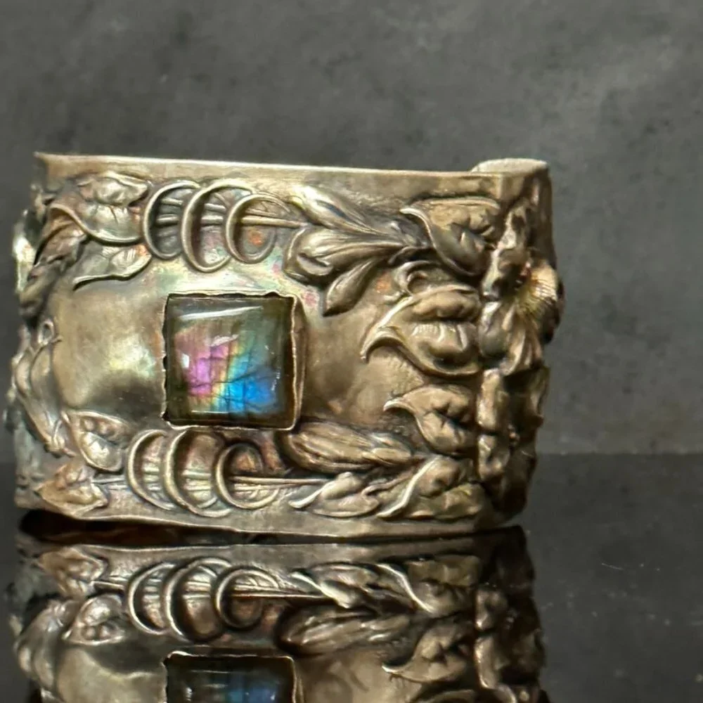 Labradorite Spectralite Sterling Silver 925 Cuff Bracelet Wide Floral Antique
